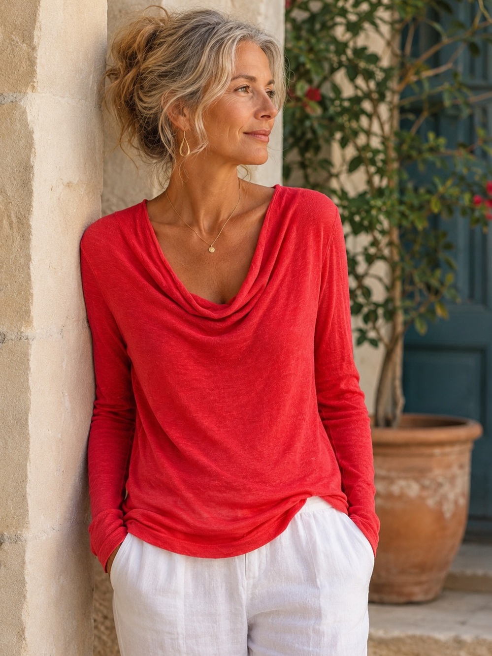 Esprit Collection 100% Linen Knit Cowl Neck Top Coral Pink Lightweight M